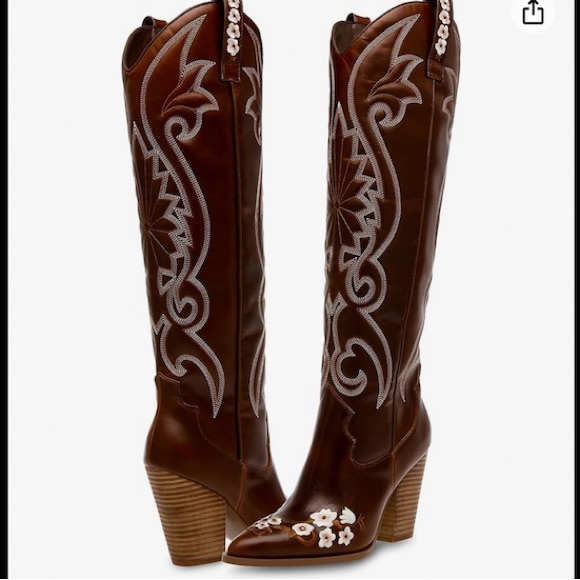 Steve Madden Lashes Leather Flower Detail Tall Western Boots - Picture 3 of 13